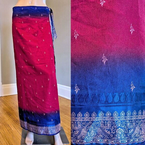Vintage 90s Thai Silk by Apple Wrap Skirt Red Blue Filigree Ombre - Picture 1 of 9